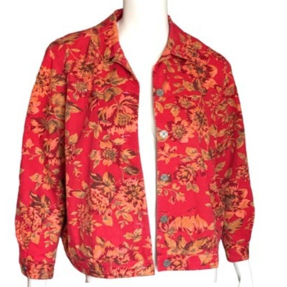 Alfred Dunner Red Floral Denim Jacket with Beaded Accents – Size 10P - Picture 2 of 10